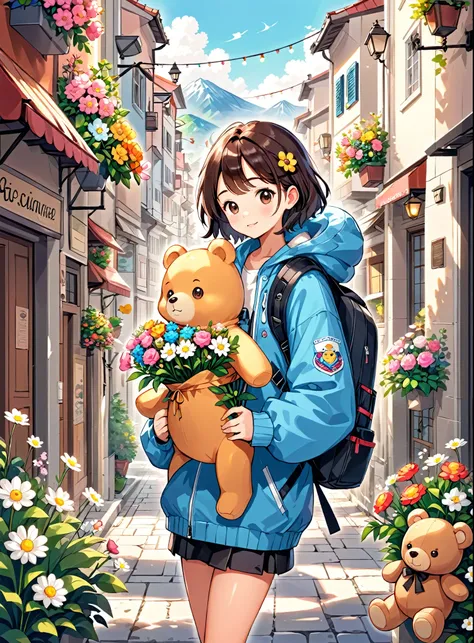 Cartoon character carrying a backpack, Flowers and teddy bear, Cute art style, Cute digital art, Carrying flowers, Cute cartoon, With flowers, Cute artwork, Holding flowers, Athan It&#39;gift, Adorable digital painting, Cute and intricate digital art, Jean...