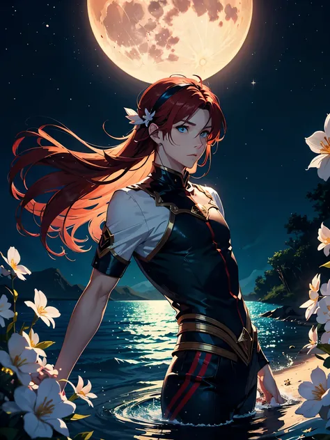 Fire. Flames. Blue fire. Red hair. Fire. Blue fire. Blue eyes. Light red hair. Red eyeliner. Engel. Viele weoße vögel. More anime. light white light. Bright bright light. magical. Moon. Blue flowers. male. Long hair. long red hair. aquatic, boy, God of the...