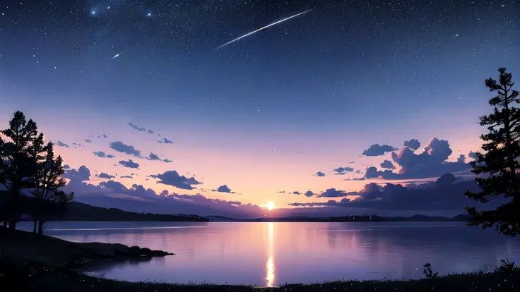 Night Sky。背景には流れstarが輝き、star々が瞬く美しいNight Skyが広がっている。Overall it was dreamy、Have a fantastic atmosphere。Anime-style illustrations,landscape