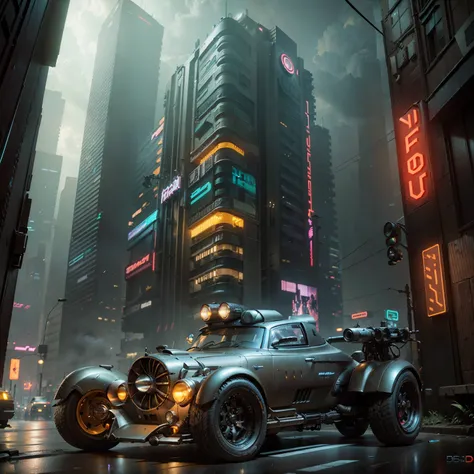 
there is a car that is parked in the street in the city, futuristic dieselpunk street, dieselpunk city, photorealistic blade runner, 3 d octane render conceptart, reminiscent of blade runner, cyberpunk car, 3 d render beeple, cyber steampunk 8 k 3 d, conc...