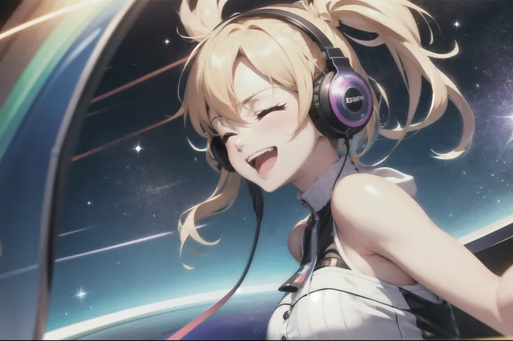 Endless party in a Eurobeat universe, Eurobeat music surrounds you all the time, ultra detailed beautiful headphones, very happy and joyful context, music is love, ultra detailed sparkling bright daylight scene, vivid colors