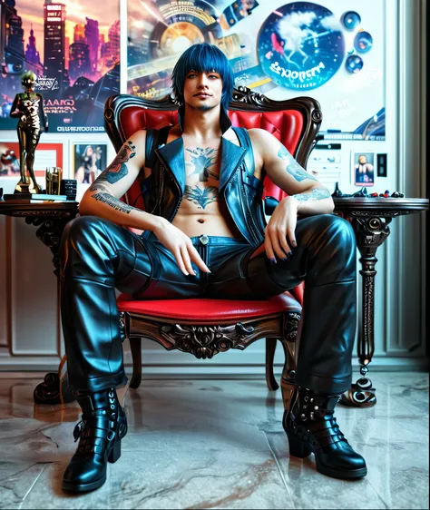 arafed man with a tattoo on his chest sitting on a chair, v from devil may cry as an elf, dante from devil may cry, highly detai...