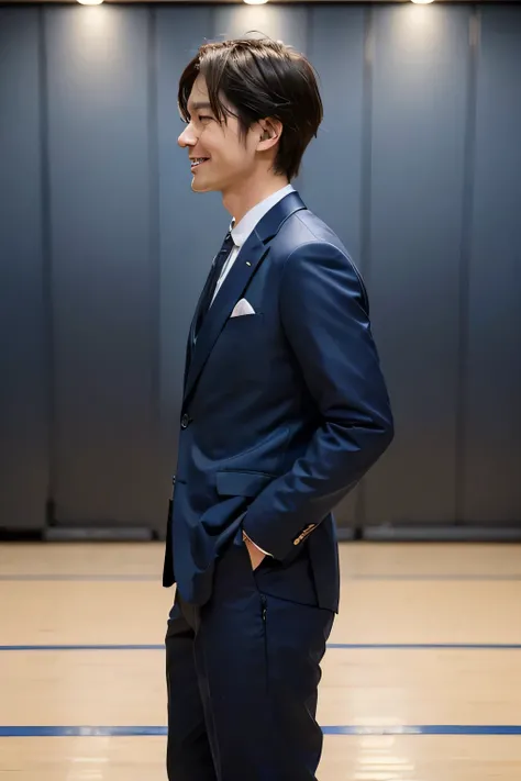 ((masterpiece:1.5))、Japanese man with short black hair:1.7、((Smile))、((Dark blue suit:1.5))、((A man stands with his hands in his pockets:1.5))、((Cowboy Shot:1.4))、((Side shot:1.5))、((In An empty dance practice room:1.4))、Make a call on your smartphone:1.7、