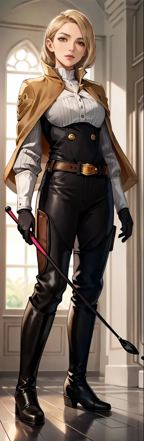 Mature female, adult, milf, mature, 30 years old, woman ((solo)),(1girl),standing, full body, authority, leather outfit, dominant, (muscular), long sleeves, black gloves, double-breasted, (holding riding crop:1.2), (black knee-high boots:1.4), (pants:1.2),...