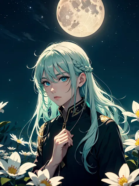 Blue eyes. Light green hair. Red eyeliner. Engel. Viele weoße vögel. More anime. light white light. Bright bright light. magical. Moon. White flowers. male. Long hair. long green hair. aquatic, boy, God of the Moon, silver hair accessories, green hair. Blu...