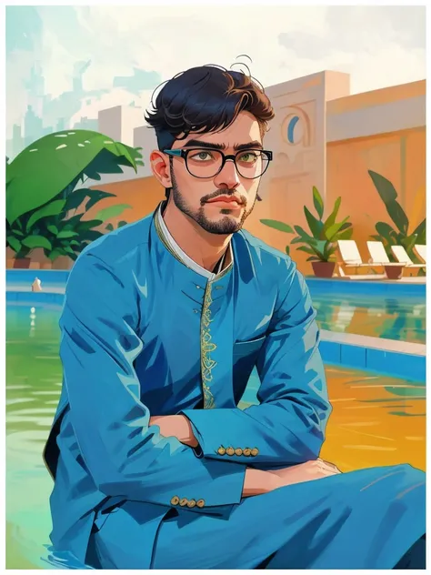 araffe wearing a blue suit and glasses sitting by a pool, kyza saleem, khyzyl saleem, very very low quality picture, blue colored traditional wear, riyahd cassiem, very clear picture, inspired by Amir Zand, photo taken in 2 0 2 0, portait photo profile pic...