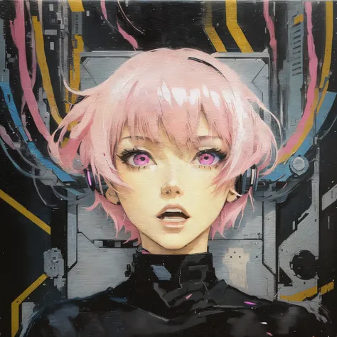 painting of a person with shocked reactions and face expressions with pink hair and a black top, ghost in the shell style, ghost in the shell art style, anime robotic mixed with organic, yayoi kasuma, in the anime ghost in the shell, cyber space cowboy, an...