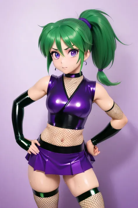 Perfect Anatomy　Best Quality,Highest Resolution,(((Green Hair　ponytail　Purple kunoichi costume in latex　Latex purple mini skirt　Fishnet stockings　sweat)))　Yae-chan　Age 15　Girl