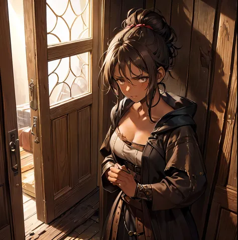 mature medieval thief girl, (medium brown skin: 1.4), (full lips: 1.2), black hair up in messy bun, (tattered: 1.3) medieval peasant thief clothing, (in the doorway of filthy wooden room: 1.3), (looking depressed and beaten down: 1.2), 