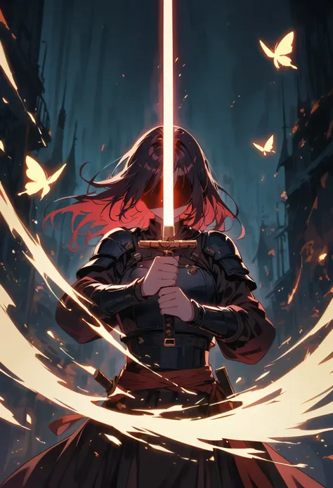 dark atmosphere，dark background，female swordsman in the dark，glowing golden sword，lightsaber，invisible face，Sword in both hands，night，dark，fear，sword focus，Glowing butterflies flying in the air