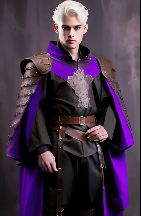 ((full body)), ((anime)), ((Young)), ((man)), high, purple eyes, white hair purple tips, medieval leather clothing