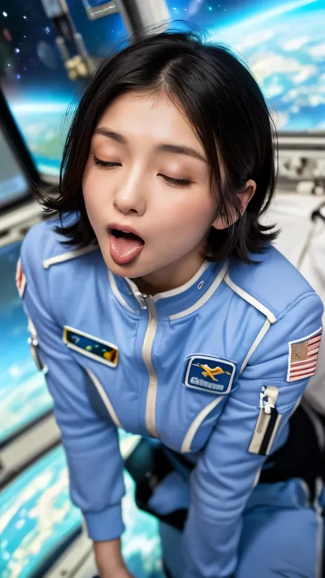 (Best Quality, 8k, 32K, masterpiece, Ultra-high resolution:1.2),Beautiful Japanese Women Photos, 40 years old、Slim figure、(Big Breasts:1.4)、(Straight black hair), (One Japanese woman、At the space station、Sticking out tongue:1.2、Close your eyes:1.3), (((Ult...