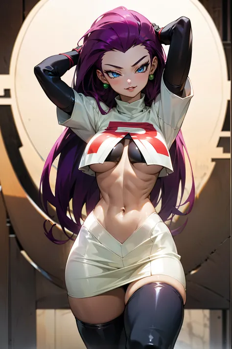 (Masterpiece), Best Quality, ultra-detailed, 1girl (jessie pokemon, Big and pretty breasts, naked body, dark skin, purple hair, hair slicked back, long hair,blue eyes, half-closed eyes), evil face,head tilt, facing viewer, looking at viewer, smirk, parted...