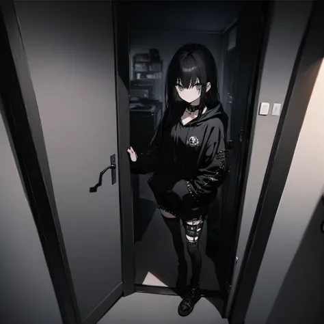 best quality, super fine, 16k, incredibly absurdres, extremely detailed, emo highschool girl opening the door of her private study room, looking at camera, emotionless expression, punk fashion, long black hair, black collars, wearing black theme hoodie, fu...