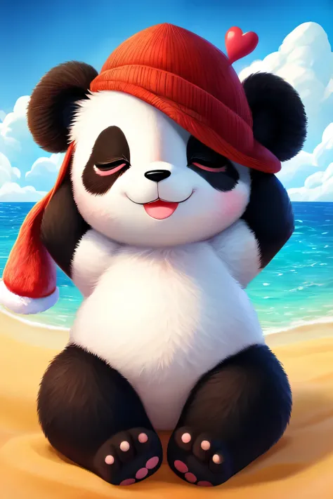 A black and white panda with a red winter hat that covers both eyes , his arms placed on his legs, the legs are straight. his ears stick out from his hat. in his hand he holds a heart .bildart im kawaii still, with colorful light ,good quality ,photorealis...