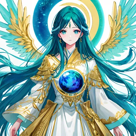 「(((The strongest ultra lucky))),((((Blessings and Blessings))))」1:1.5　BREAK
Wings: Symmetrical angel wings extending from the back, with a mix of gold, blue, and green (1:1.8)
color: Gold (Main 1): The primary color is a rich, luxurious gold, symbolizing ...