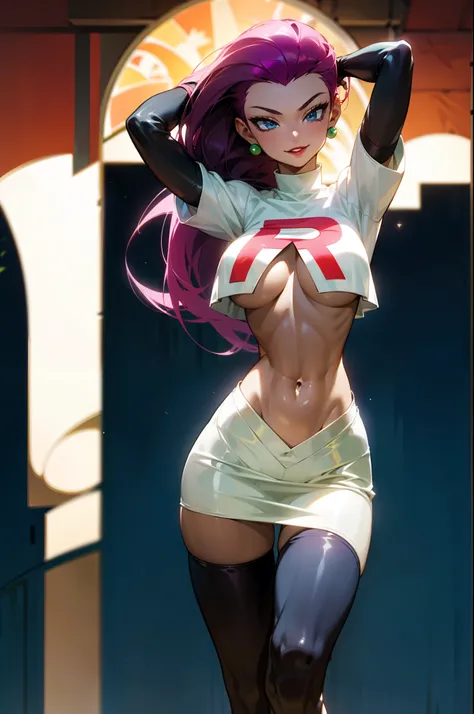 (Masterpiece), Best Quality, ultra-detailed, 1girl (jessie pokemon, Big and pretty breasts, naked body, dark skin, purple hair, hair slicked back, long hair,blue eyes, half-closed eyes), evil face,head tilt, facing viewer, looking at viewer, smirk, parted...
