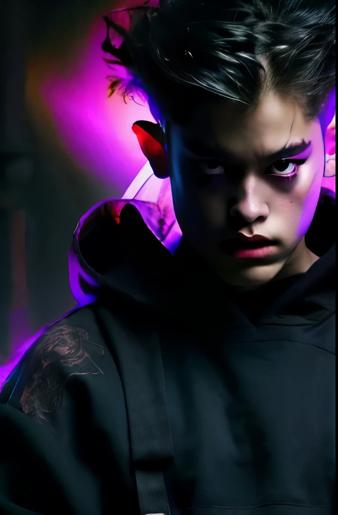 Anime boy,Wearing a hoodie,holding daggers,battle pose,highest quality digital art, surrounded by shadow warrios,black and purple,dark,shadow master, Stunning art, wallpaper 4k,8k,64k, HD, unparalleled masterpiece, dynamic lighting, cinematic, epic