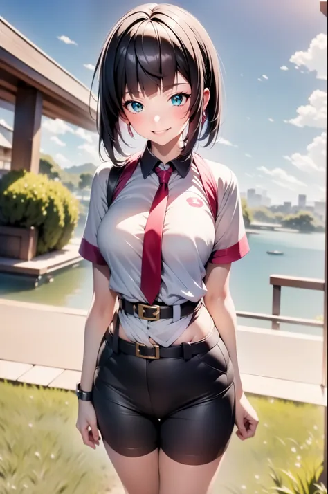 masterpiece, The best quality, High resolution, sereno 1, 1 girl, sereno 1, 1 girl, sereno (Pokémon), Alone, grey eyes, black hair, green Bermuda, red tiara, shirt, tied shirt,, short hair, short sleeves, Bermuda, Stripes, yellow shirt, belt, Middle class ...