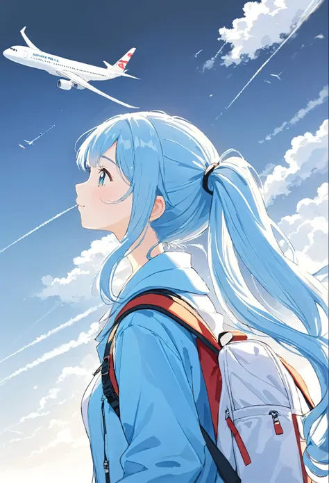 A girl with a backpack is at the airport，Light blue long hair、Twin tails 、My backpack is full of happy spring，Looking up at a big passenger plane、Simple lines，Minimalism，Abstraction，Lots of white space、