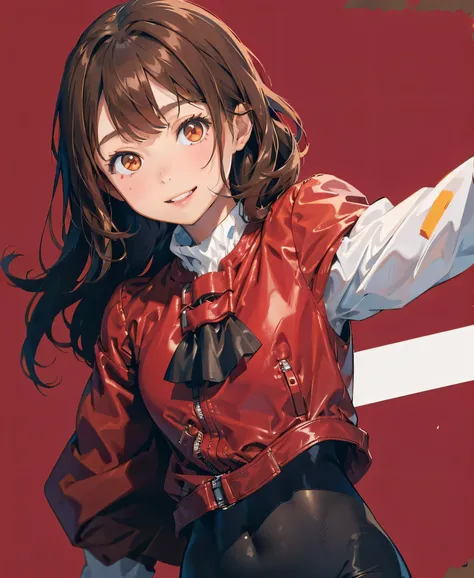 1girl, solo,underwaterbrown hair, brown eyes, parted lips, long sleeves, jacket, simple background, upper body, red background, looking at viewer, teeth, red jacket, lips, cosplay,  full body, smile，motorbike