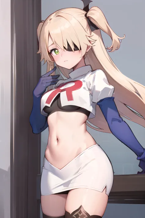 masterpiece, best quality, absurdres, fischl (dunkelnacht sakrament) (genshin impact), green eyes, (white pupils:1.1), fischl (genshin impact), 1girl, solo, breasts, two side up, eyepatch, blonde hair, long hair, looking at viewer, hair over one eye, mediu...