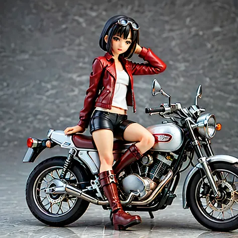 (Miniature photography)、(3D figure)、(Ride a classic motorcycle:1.2 )、beautiful Japanese girl、Beautiful Face, Black Hair, Short Bob Hair, Red classic leather jacket、leather shorts、boots、goggles、Take a photo of the entire bike、(White Background)、(Highest qua...