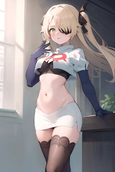 masterpiece, best quality, absurdres, fischl (dunkelnacht sakrament) (genshin impact), green eyes, (white pupils:1.1), fischl (genshin impact), 1girl, solo, breasts, two side up, eyepatch, blonde hair, long hair, looking at viewer, hair over one eye, mediu...