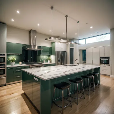 A sleek modern kitchen featuring minimalist cabinetry, a large island with a marble countertop, stainless steel appliances, warm ambient lighting, and a backdrop of vibrant green plants.