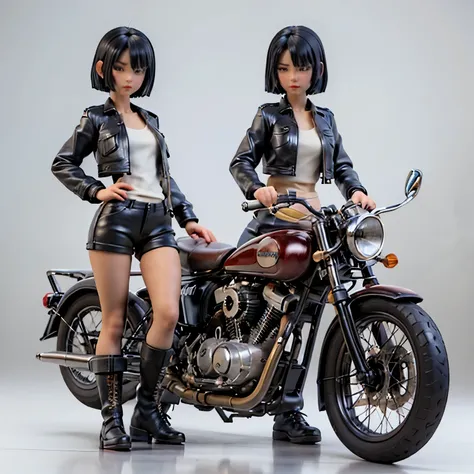 (Miniature photography)、(3D figure)、(Ride a classic motorcycle:1.2 )、beautiful Japanese girl、Beautiful Face, Black Hair, Short Bob Hair, Red classic leather jacket、leather shorts、boots、goggles、Take a photo of the entire bike、(White Background)、(Highest qua...