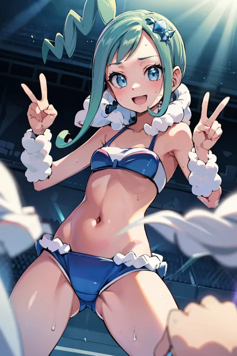 (nsfw), (masterpiece, Highest quality, 8K ultra-high resolution:1.4), Pokemon lisia, 14yo, (concert, stage, Main Character, Spotlight, Backlight, appeal, heart, Peace sign, microphone: 1.4), (((Blue Bikini, microphoneロビキニブラ, Frills, White fluffy, Spread yo...