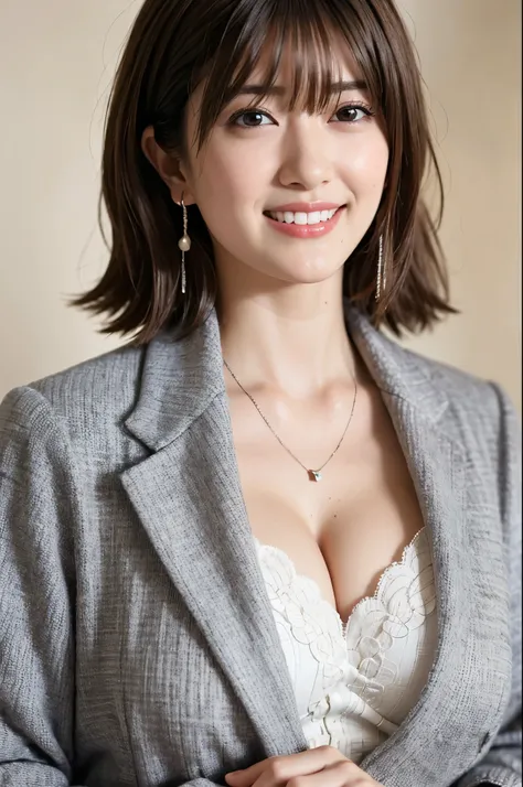 black hair, short hair, smile, depth of field, ((UHD)), textured skin, super detail, (high details), (high quality), 8k, 1girl, sexy, (SFW:1.0), realistic,(1japanese woman politician:1.2),(2:1.1), cleavage, earrings, real skin, mole under eye, smile, mediu...