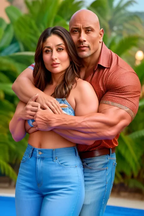 Kareena kapoor with dwayne johnson . he Hugging her from behind and touching her breasts , hollywood movie poster 