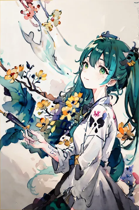 (One girl),masterpiece, Painting,
(Ink painting, Painting:1.6),
Twin tails, Emerald green hair