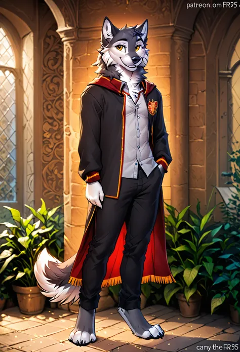 in the style of f-r95, in the style of zaush, in the style of binxxy, solo, (anthro), male, wolf, grey fur, white belly, white chest, digitigrade legs, gold eyes, evening lighting, standing, posing for a picture, smiling at viewer, hogsks, gryffindor unifo...