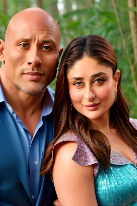 Kareena kapoor with dwayne johnson . He picks up Kareena on his hands, hollywood movie poster . Background is forest