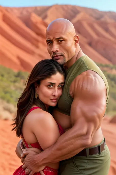 kareena kapoor with dwayne johnson . he hugging her from behind and touching her breasts, they are hiking, they're in rock and s...