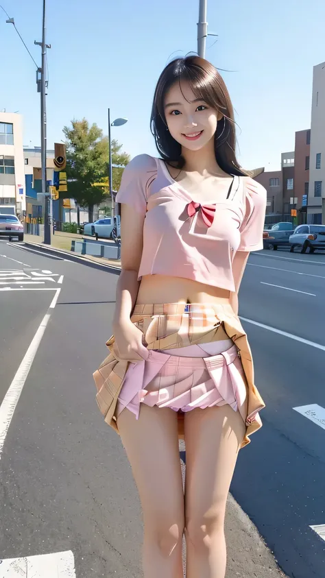 There is a woman standing by the side of the road, ピンクのタイトmini skirt, mini skirt, Photo of slim girl model, ピンクのmini skirt, wearing honey - themed mini skirt, Wearing a skirt, Goddess checking her cell phone, pleated mini skirt, Pink Skirt, Promotional Art...