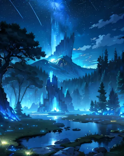 Vast plains, Stone fountain, Stars, nighttime, cloud, Fantasy, lamp, forest, tree, tall grass, mountain, terrain, High quality, (Masterpiece 1.0)