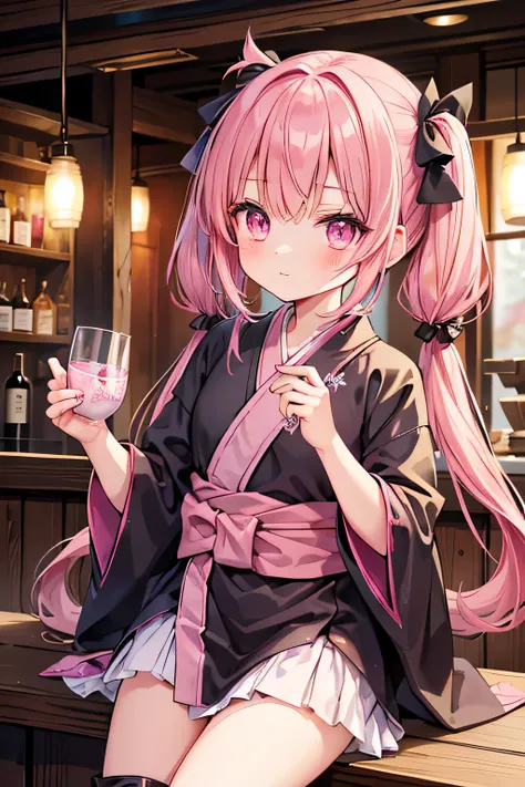 A petite girl with a Western look and beautiful features.　Pink blister々And shining eyes　A happy look　Sit at the counter、Drinking sake at Ochoco　Pink hair in twin tails　A pink, shining sword is hanging from his waist.　The costume is a black yukata with blac...