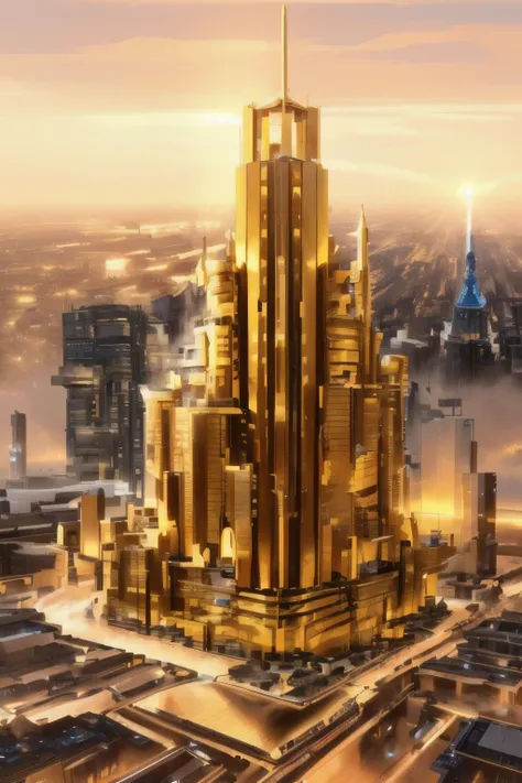 arafed view of a city with a skyscraper and a golden light, golden cityscape, mega structure city, golden towers, city of the future in russia, huge futuristic temple city, beautiful city of the future, russian city of the future, megatall building, toweri...