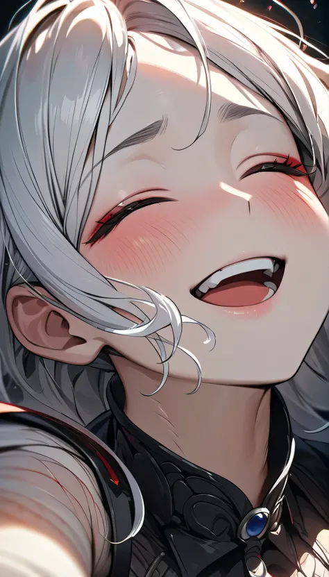 high resolution, Best quality, Award-winning, Very detailed, Textured Skin, Ultra HD, High Detail, White hair, Bangs, Chest, Close your eyes, The whole face turns red, Raise eyebrows, hapiness/happiness, 