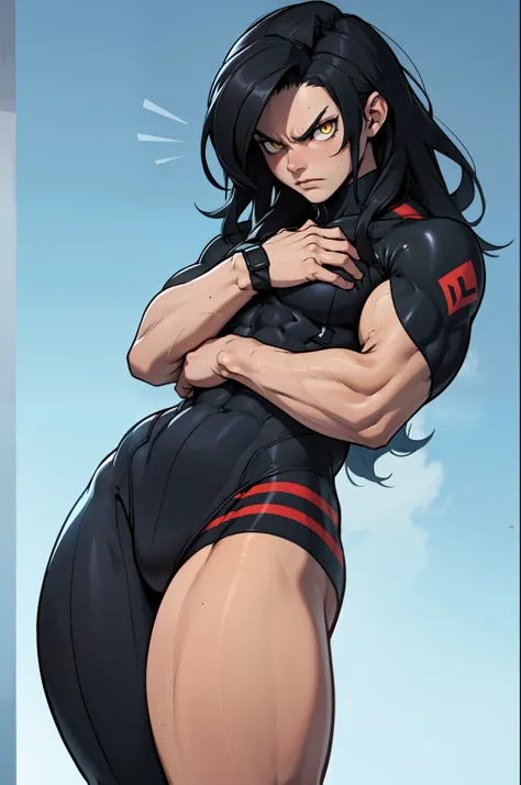 skintight suit ((muscular)), (thick thighs, small breasts chest, toned body, 1 girl), black hair, pale skin, yellow eyes, angry, very long hair, waistup