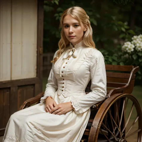 a beautiful blonde white woman, elegant 1800s dress, 1800s transport cart background, realistic, detailed portrait, intricate clothing textures, dramatic lighting, photorealistic, 8k, highly detailed, masterpiece