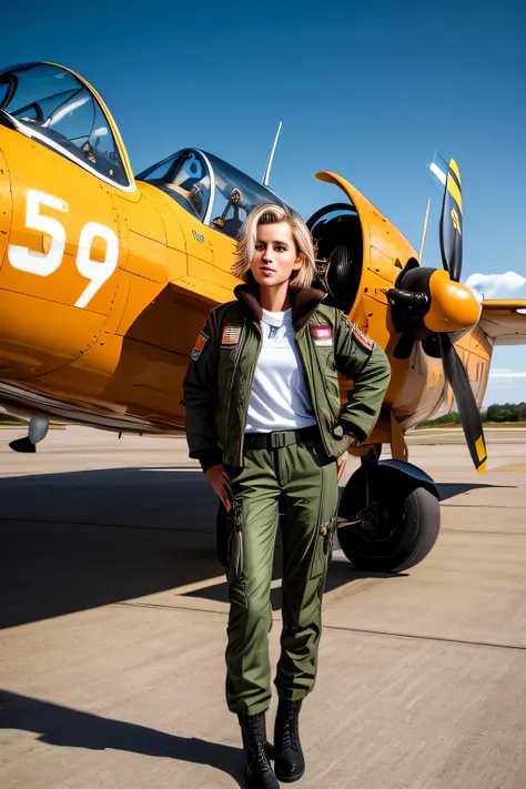 (RAW style, masterpiece, best quality, ultra-detailed), Young blonde woman with short hair, in the uniform of a pilot, standing confidently near a Yak 1960 plane, on the bustling airfield, where other planes are visible in the background, creating a lively...