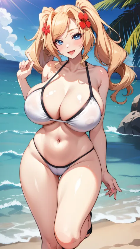 large breasts,blonde hair,,twintail,,smile,open mouth,cleavage,,,wide hips,narrow waist,navel,stomach, eyelashes, eyeshadow, lip...