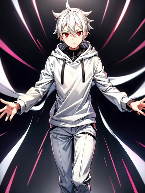 male character, vtuber style, white hair similar to Boruto, all white hoodie, Gray pants, young, vibrant dark red eyes, transparent background, friendly soft smile