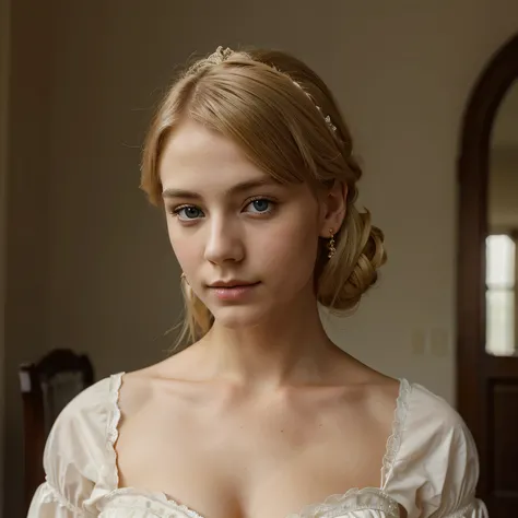 Beautiful blonde woman from the Victorian era, very elegant young man and with, hyperrealistic