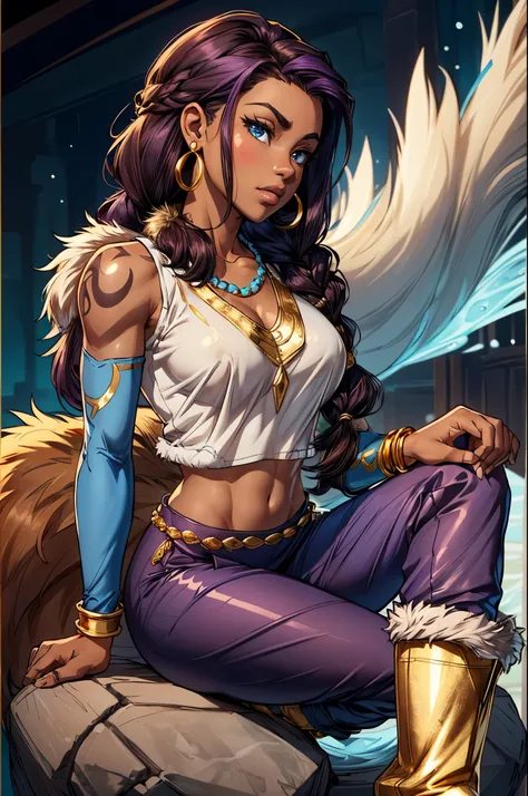 An accurate and detailed full body shot of a young adult female character named Korsha, petite and athletic build, (rich warm brown skin tone:1.3), (long hair:1.4), (dark purple colored hair:1.3), high ponytail, (2 hair braids framing her face:1.4), gold h...