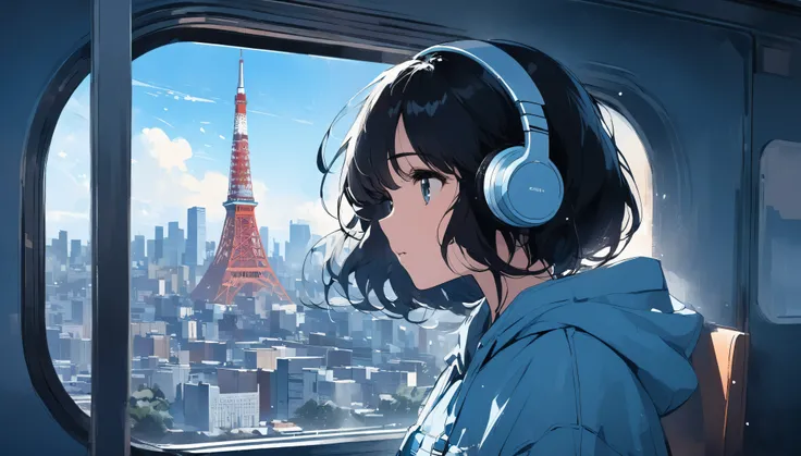 Anime style illustration、Black haired girl is blue『lo-fi』Put on headphones、Looking out the window on the train。She is wearing a light blue hoodie、Outside the window, the Tokyo cityscape spreads out.、Tokyo Tower can be seen in the distance。The inside of the...